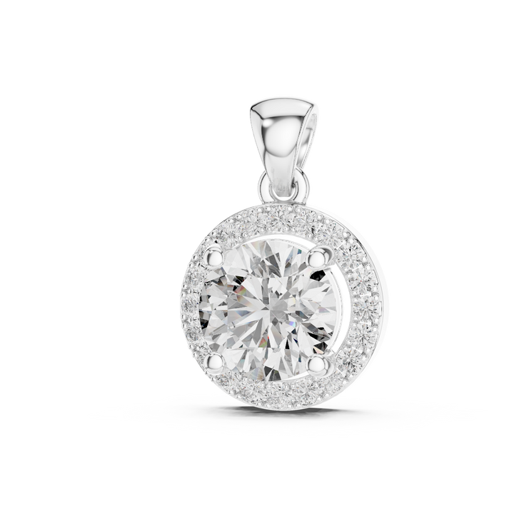 Round lab-grown diamond halo pendant, front view, in white gold by THE LAB Jewellers
