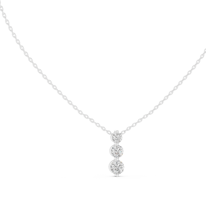 Three-stone Claw-set round lab-grown diamond pendant, front view, in white gold by THE LAB Jewellers
