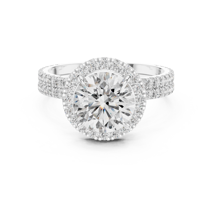 Round halo lab-grown diamond engagement ring with pavé split shoulders in white gold by THE LAB Jewellers