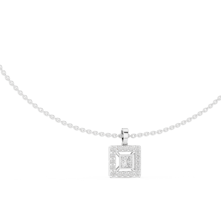 Princess-cut lab-grown diamond halo pendant necklace, front view, in white gold by THE LAB Jewellers