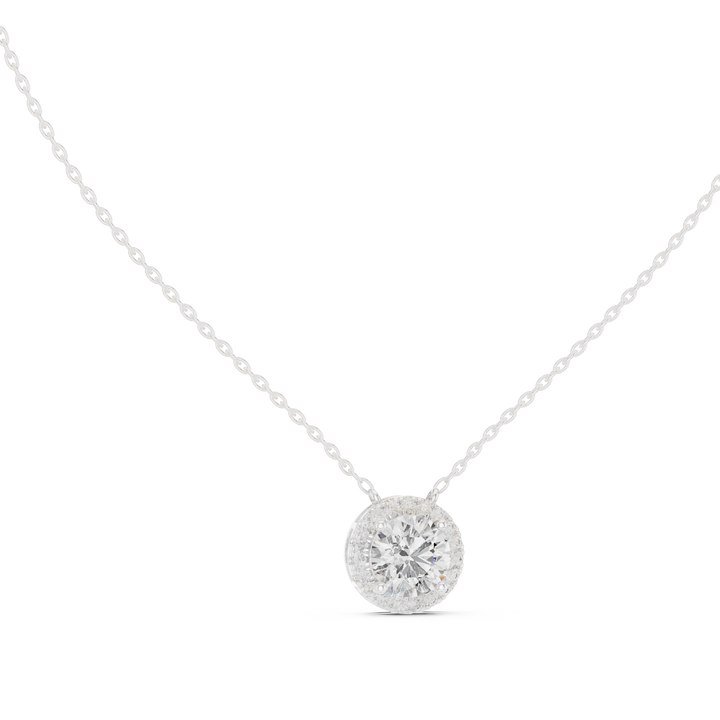 Round lab-grown diamond halo pendant, front view, in white gold by THE LAB Jewellers