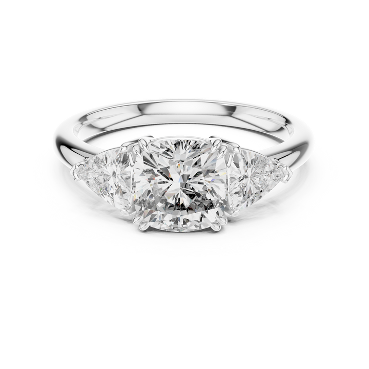 Cushion-cut lab-grown diamond trilogy ring with trillion side stones in white gold by THE LAB Jewellers
