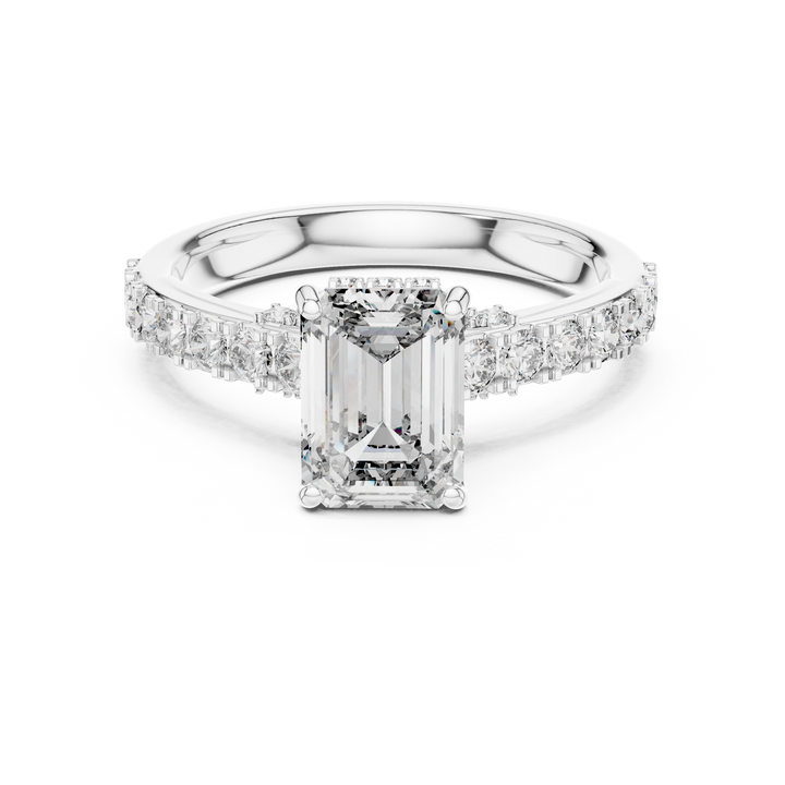 emerald and round lab-grown diamond ring in white gold by THE LAB Jewellers