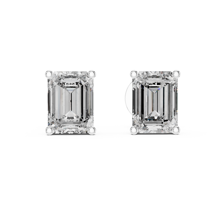 Emerald-cut lab-grown diamond stud earrings, front view, in white gold by THE LAB Jewellers