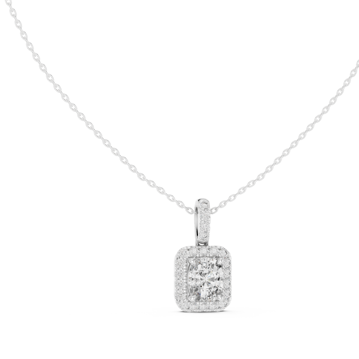 Claw-set cushion-cut lab-grown diamond halo pendant, front view, in white gold by THE LAB Jewellers