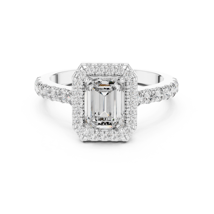 emerald and round lab-grown diamond ring in white gold by THE LAB Jewellers