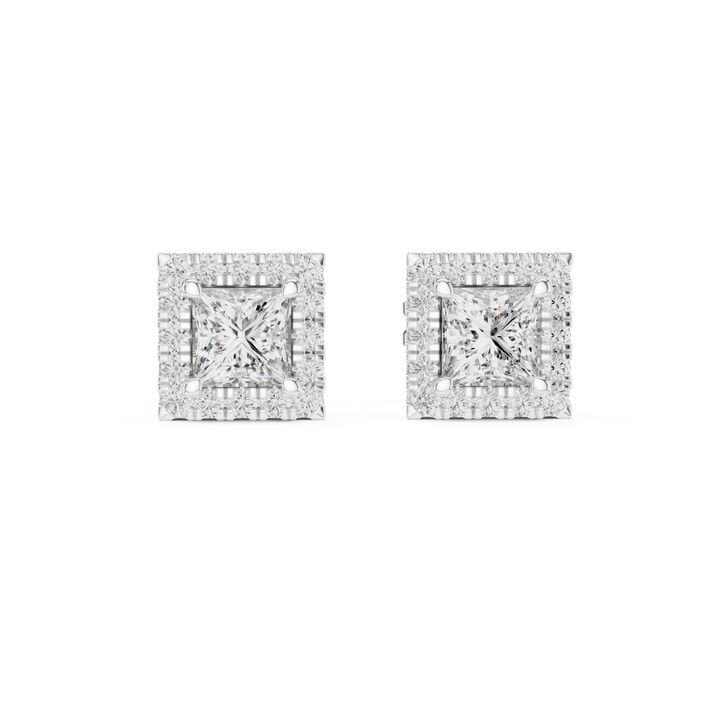 princess and round lab-grown diamond earrings in white gold by THE LAB Jewellers
