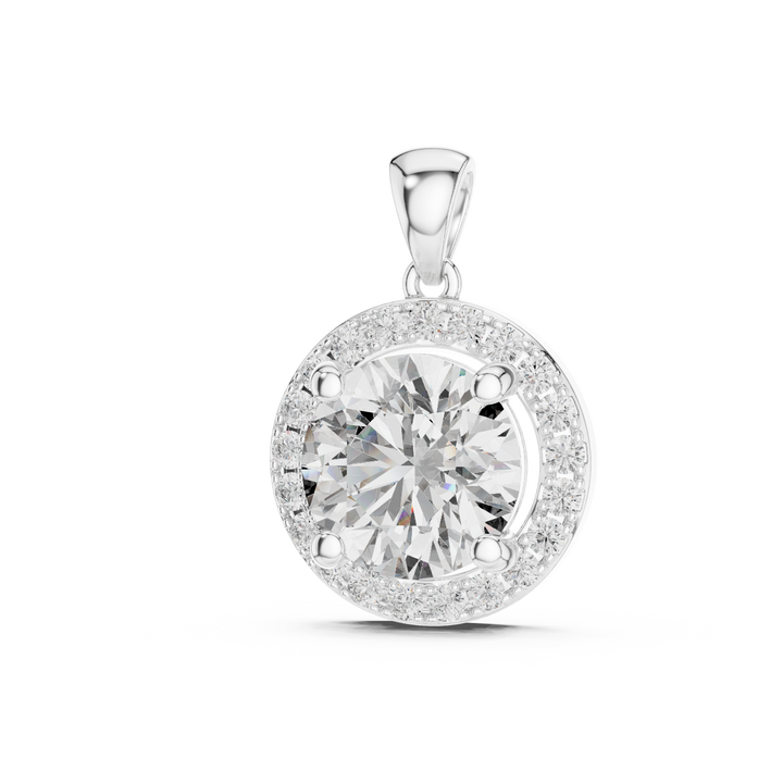 Round lab-grown diamond halo pendant, front view, in white gold by THE LAB Jewellers