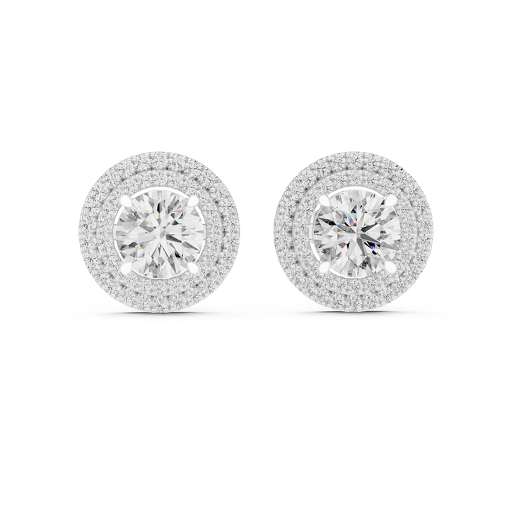 Round brilliant double halo lab-grown diamond stud earrings in white gold by THE LAB Jewellers