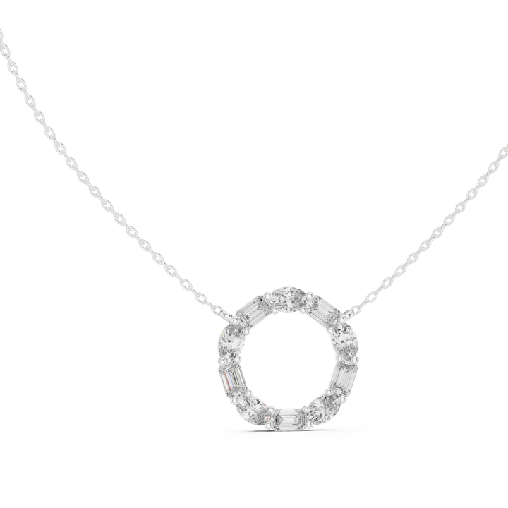 Claw-Set oval and emerald-cut lab-grown diamond open circle pendant, front view, in white gold by THE LAB Jewellers