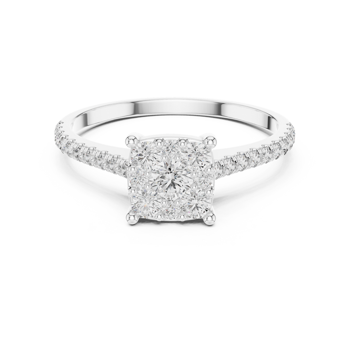 Cushion-shaped lab-grown diamond cluster ring with pavé shoulders by THE LAB Jewellers