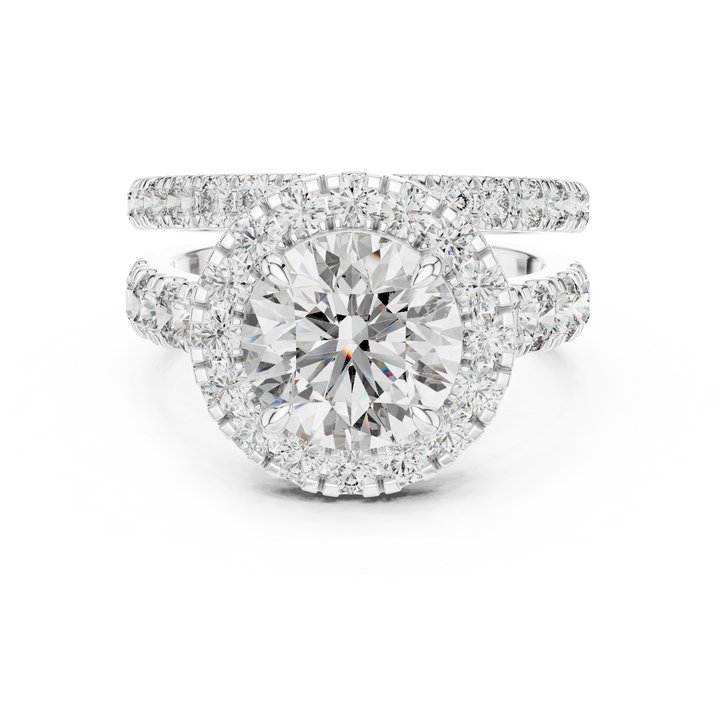 Round halo lab-grown diamond ring with multi-row pavé shoulders in white gold by THE LAB Jewellers