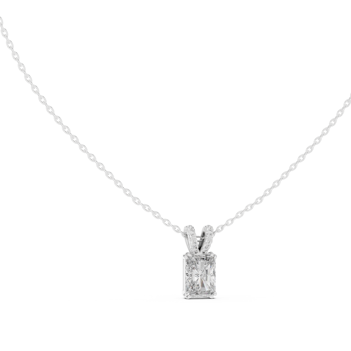 Radiant cut solitaire lab-grown diamond pendant, front view, in white gold by THE LAB Jewellers