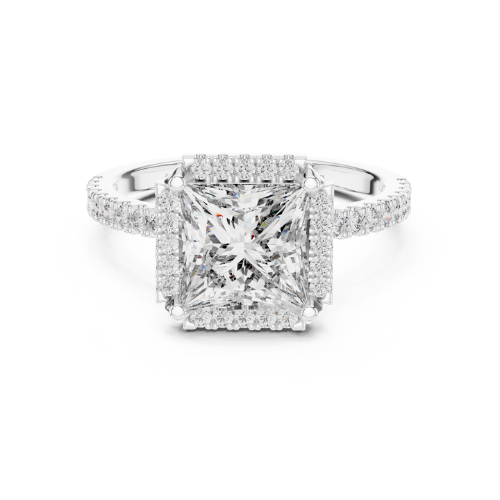 Princess-cut halo engagement ring with split-shank pavé in white gold by THE LAB Jewellers