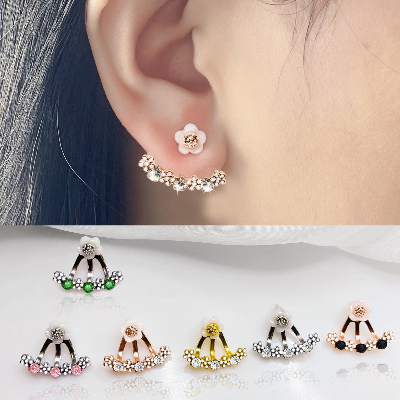 Delicate Flower Shaped Crystal Dangle Earrings