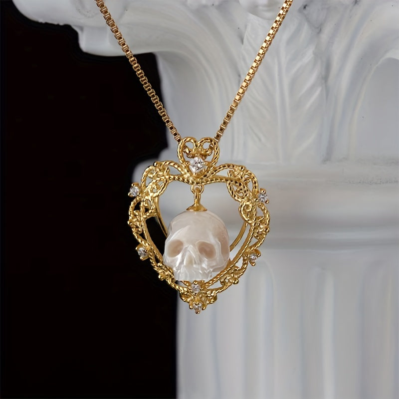 1pc Gothic Skull Carved Imitation Pearl Necklace Love Heart And Soul Necklaces