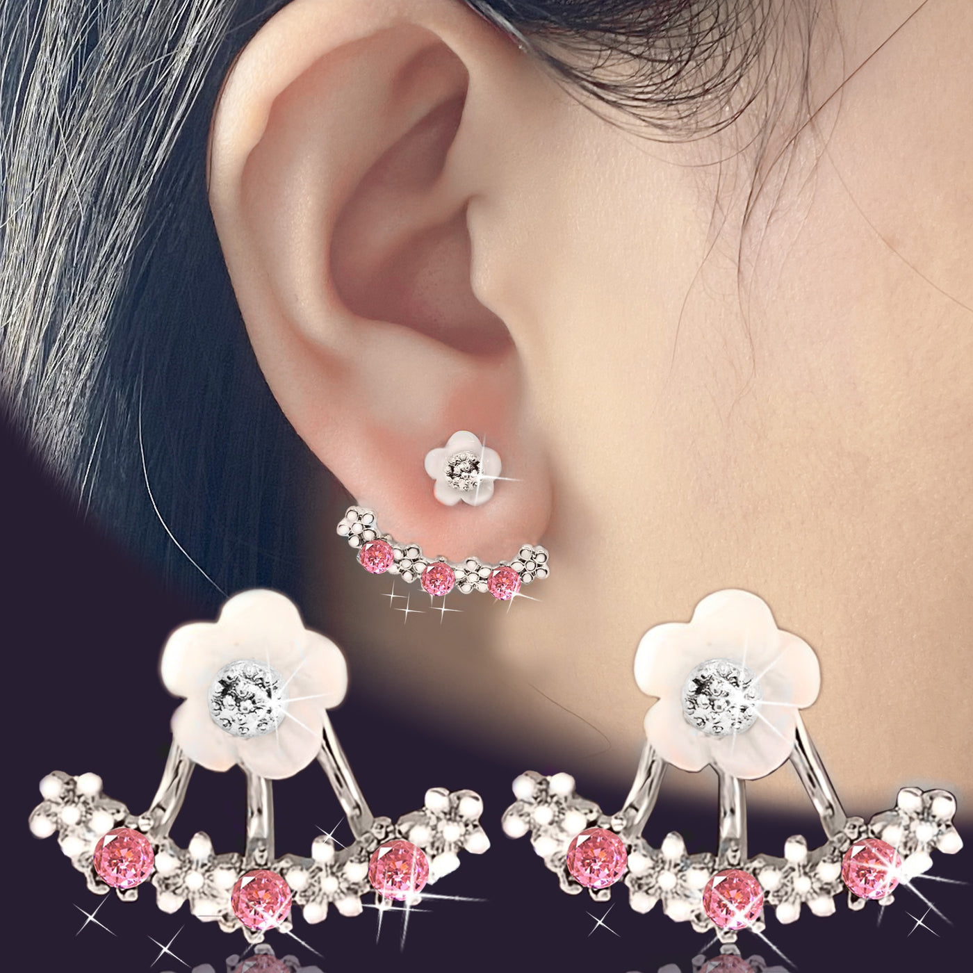 Delicate Flower Shaped Crystal Dangle Earrings