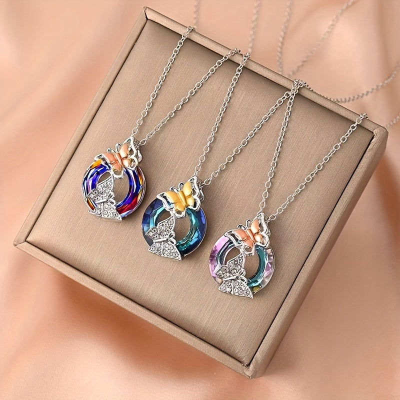 3pcs Colorful Butterfly Pendant Necklaces, Simple Fashion For Girls